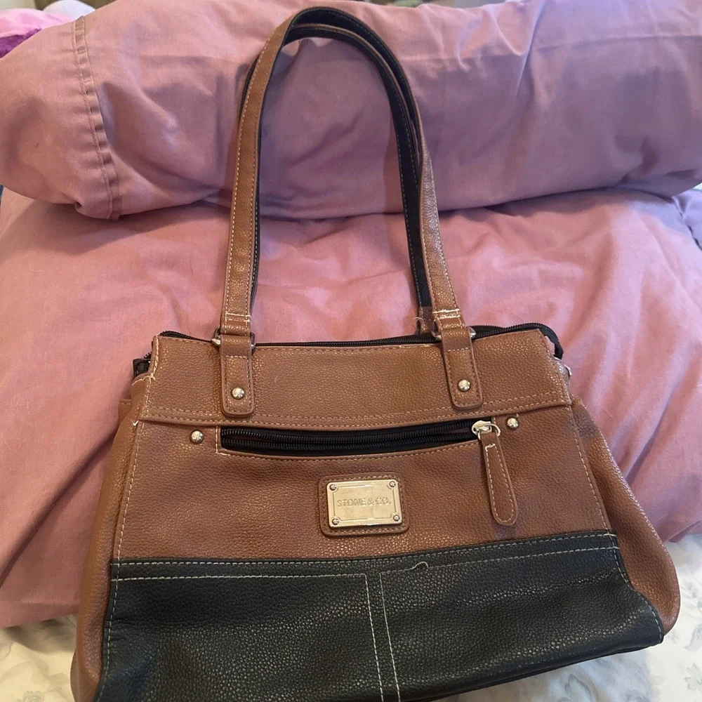 Stone & Co Medium Shoulder Bag Two Tone Brown Black Leather Hobo Purse Everyday
